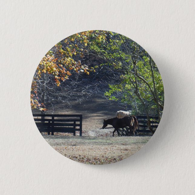 Brown Horse walking through Fence 6 Cm Round Badge (Front)
