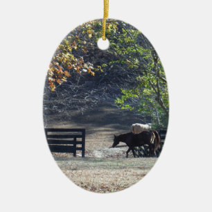 Brown Horse walking through Fence Ceramic Tree Decoration
