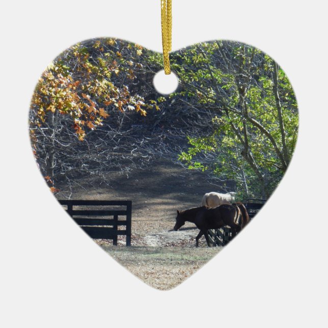 Brown Horse walking through Fence Ceramic Tree Decoration (Front)