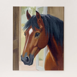 Brown Horse Watercolor Animal Country Barn Jigsaw Puzzle