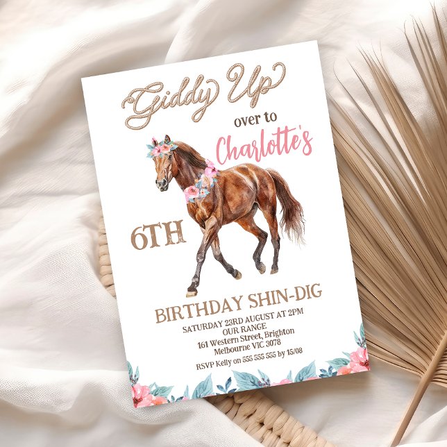 Brown Horse Western Giddy Up Birthday Invitation (Girls Giddy Up Horse Birthday Invitation Gallop Over Horse Birthday Invitation Pony Birthday Invite)