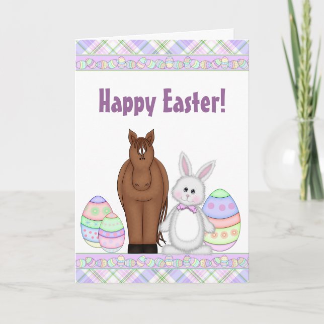 Brown Horse, White Bunny and Eggs Happy Easter Holiday Card (Front)