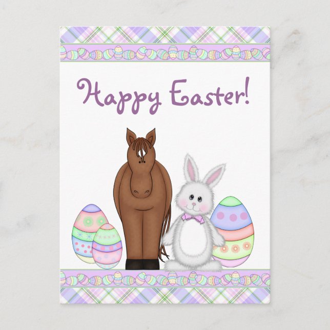 Brown Horse, White Bunny and Eggs Happy Easter Holiday Postcard (Front)