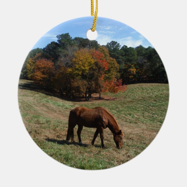 Brown horse with fall trees ceramic tree decoration (Front)