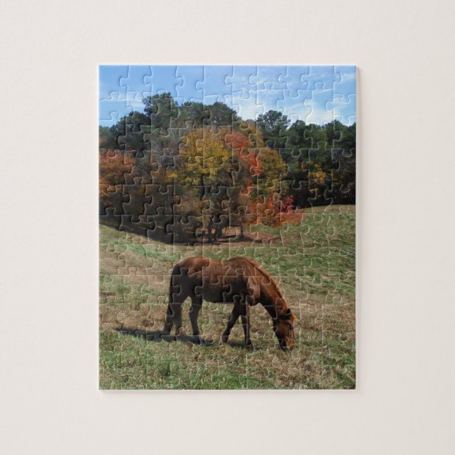 Brown horse with fall trees jigsaw puzzle (Vertical)