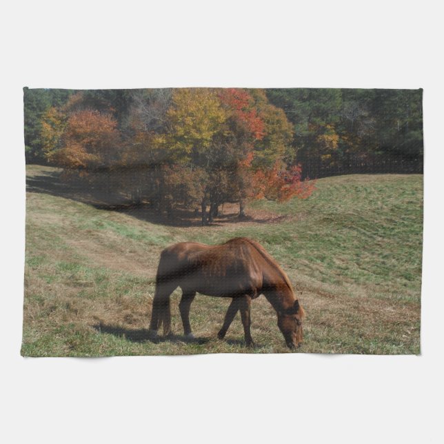 Brown horse with fall trees tea towel (Horizontal)