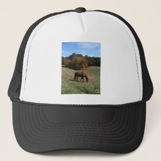 Brown horse with fall trees trucker hat