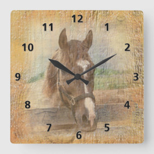 Brown Horse with Halter on Old Wood Square Wall Clock