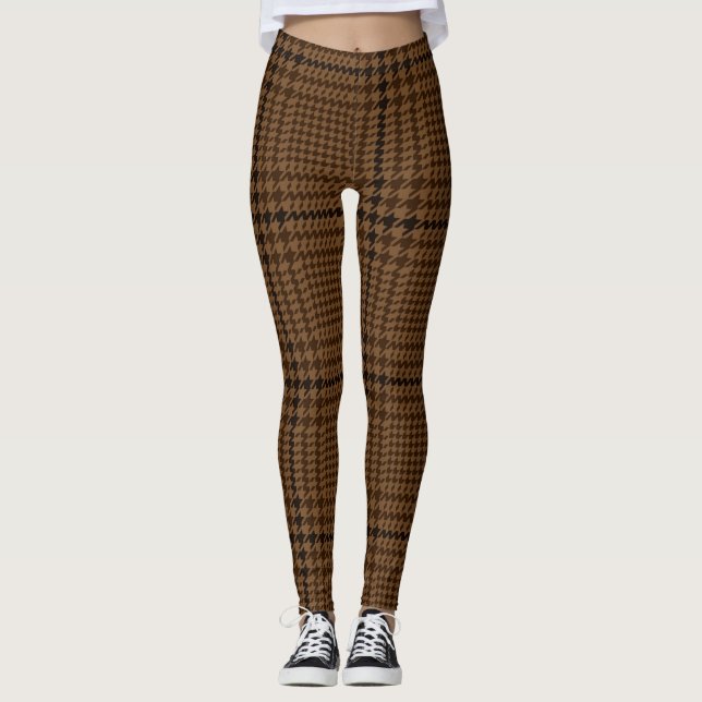 Brown Houndstooth Glen Check Pattern Leggings (Front)