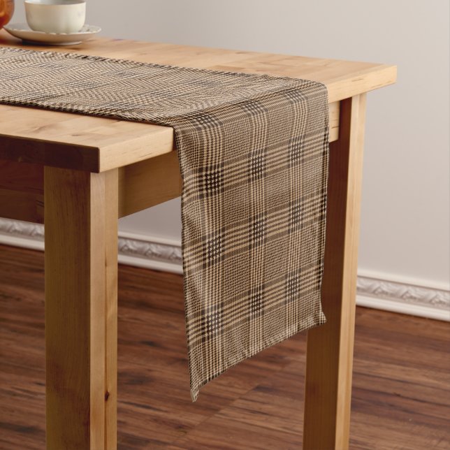 Brown Houndstooth Scottish Check Plaid Pattern Medium Table Runner (In Situ)