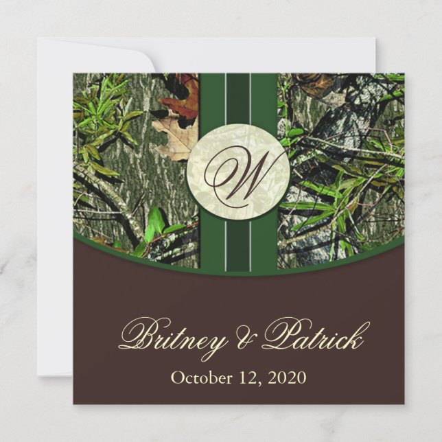 Brown & Hunter Green Camo Wedding Invitations (Front)