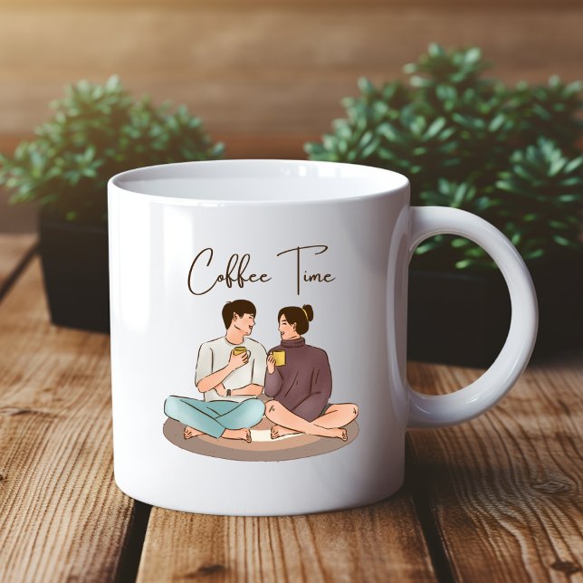 Brown Illustration Coffee Time Couple Mug (Creator Uploaded)