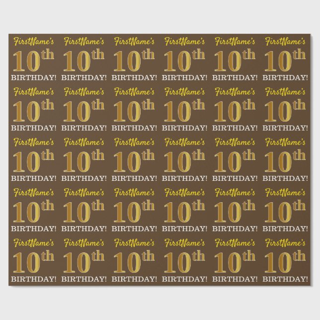 Brown, Imitation Gold Look "10th BIRTHDAY" Wrapping Paper (Flat)