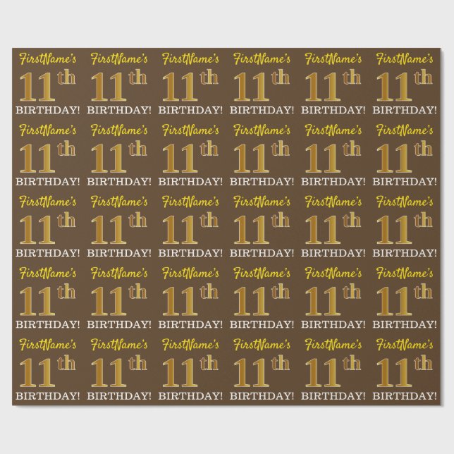 Brown, Imitation Gold Look "11th BIRTHDAY" Wrapping Paper (Flat)
