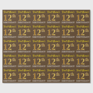 Brown, Imitation Gold Look "12th BIRTHDAY" Wrapping Paper