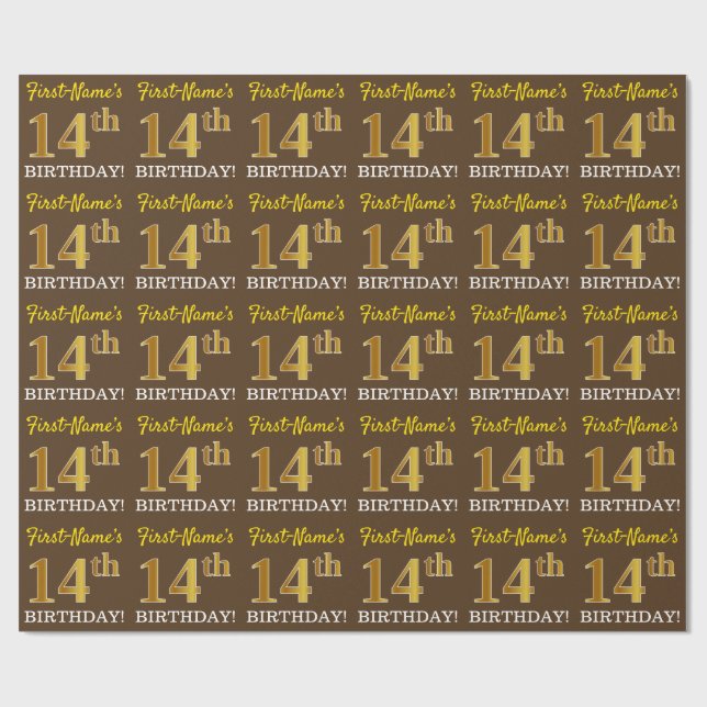 Brown, Imitation Gold Look "14th BIRTHDAY" Wrapping Paper (Flat)