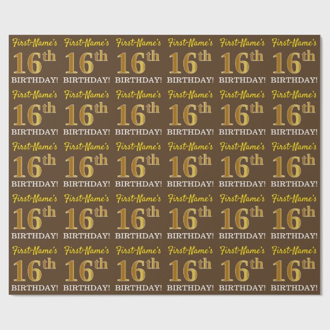 Brown, Imitation Gold Look "16th BIRTHDAY" Wrapping Paper (Flat)