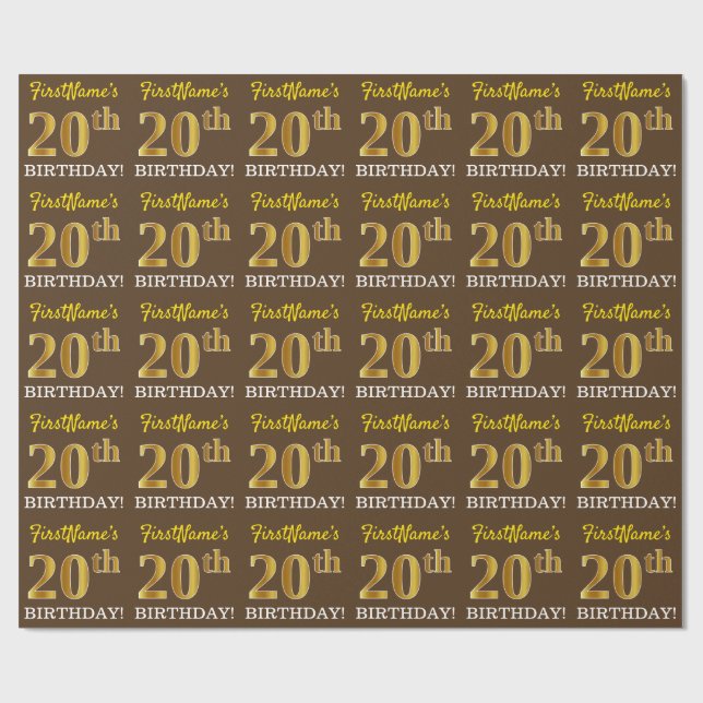 Brown, Imitation Gold Look "20th BIRTHDAY" Wrapping Paper (Flat)