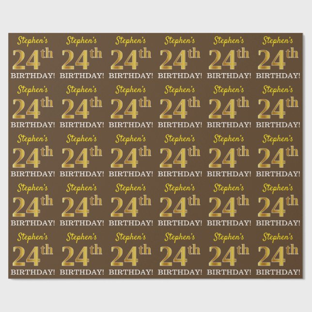 Brown, Imitation Gold Look "24th BIRTHDAY" Wrapping Paper (Flat)