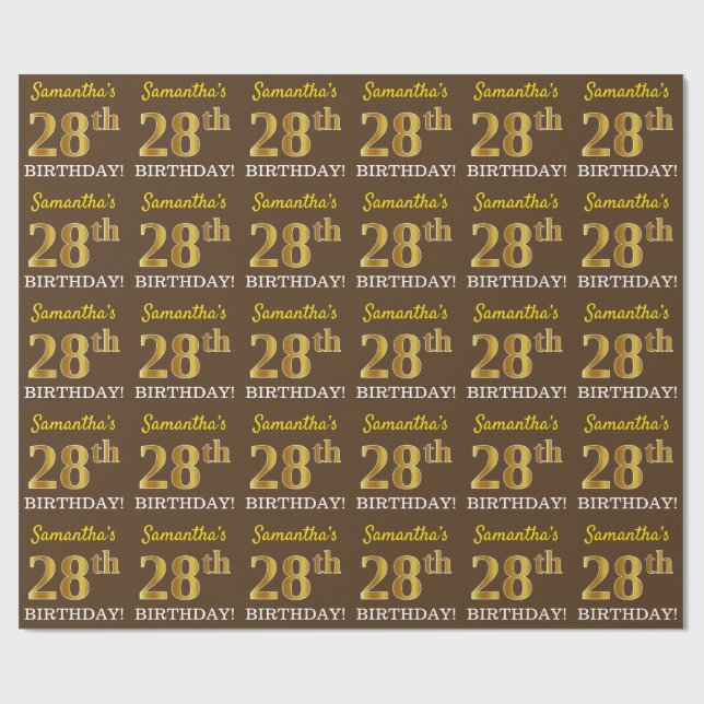 Brown, Imitation Gold Look "28th BIRTHDAY" Wrapping Paper (Flat)