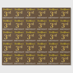 Brown, Imitation Gold Look "3rd BIRTHDAY" Wrapping Paper