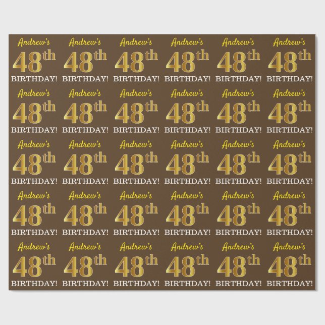Brown, Imitation Gold Look "48th BIRTHDAY" Wrapping Paper (Flat)