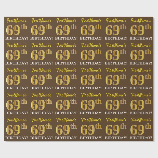Brown, Imitation Gold Look "69th BIRTHDAY" Wrapping Paper (Flat)