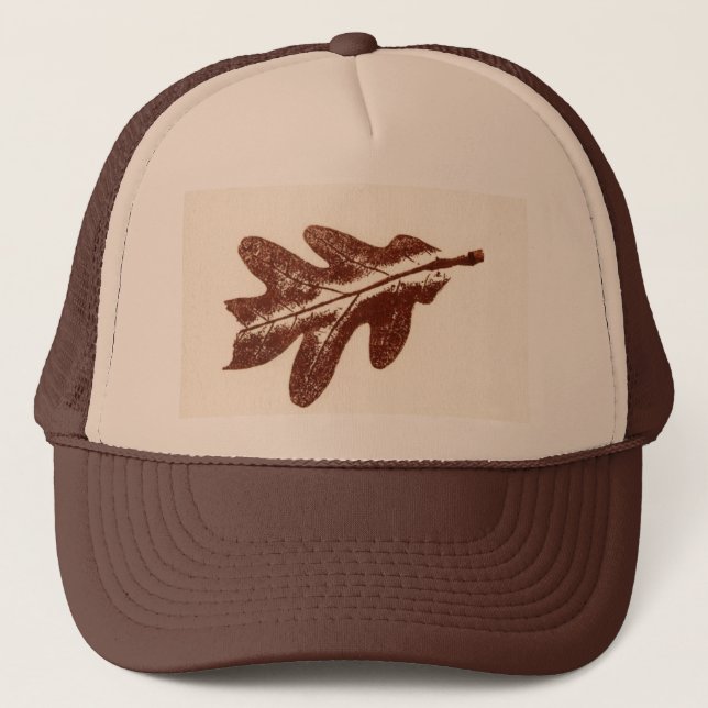 Brown insect damaged autumn white oak leaf print trucker hat (Front)