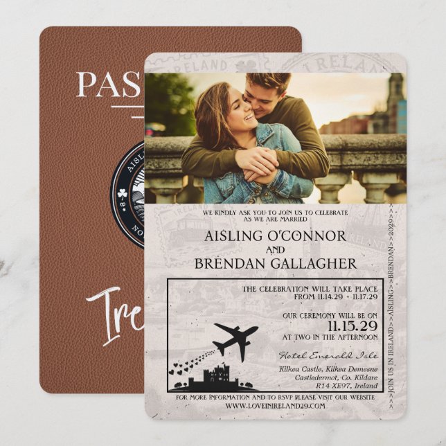 Brown Ireland Passport Wedding Invitation (Front/Back)
