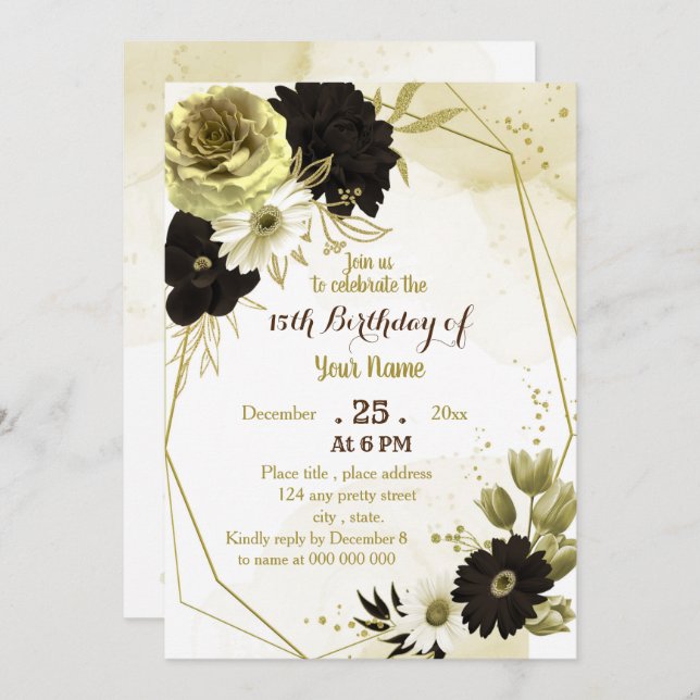 brown ivory gold floral geometric birthday party invitation (Front/Back)