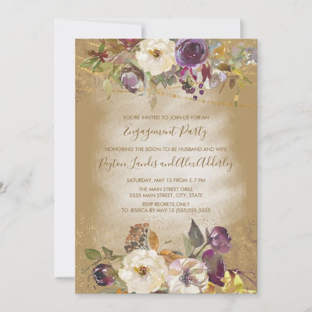 Brown Ivory Purple Floral Glitter Engagement Party Invitation (Front)