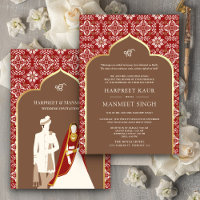 Brown Ivory Red Pattern Anand Karaj Sikh Wedding