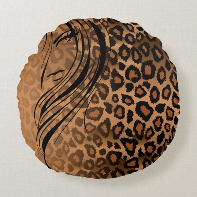 Brown Jaguar Gradient Animal Print with Girl Round Cushion (Front)