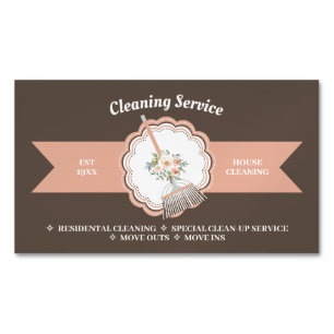 Brown Janitorial Calligraphy Housekeeping Cleaning Magnetic Business Card
