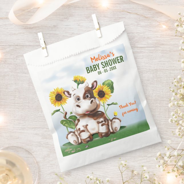 Brown Jersey Cow Sunflower Baby Shower Favour Bags (Clipped)