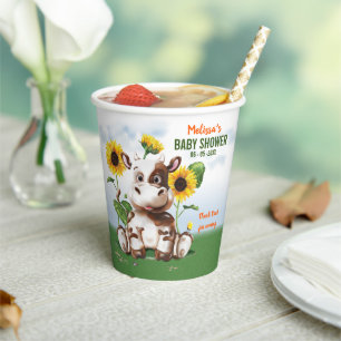 Brown Jersey Cow Sunflower Baby Shower Paper Cups