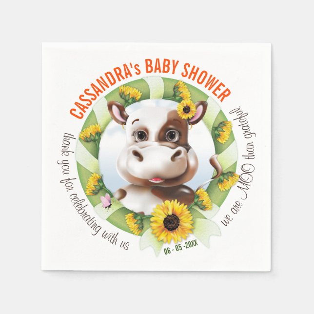 Brown Jersey Cow Sunflower Girl Baby Shower Napkin (Front)