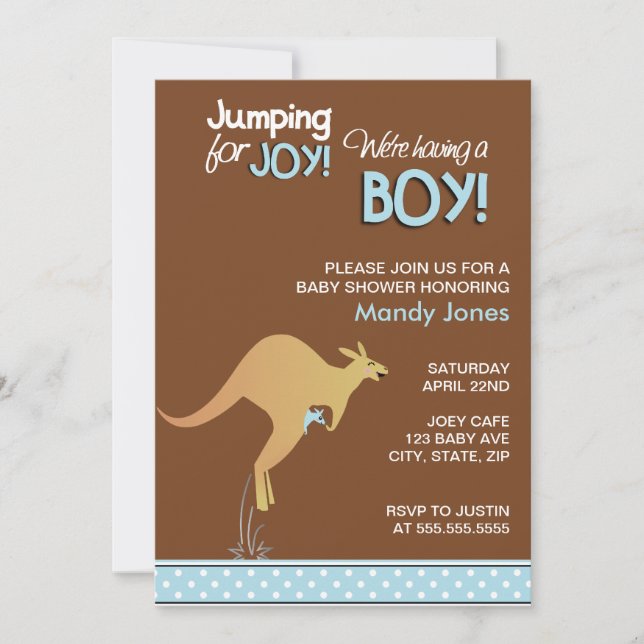 Brown Kangaroo Jumping for Joy Boy baby shower Invitation (Front)