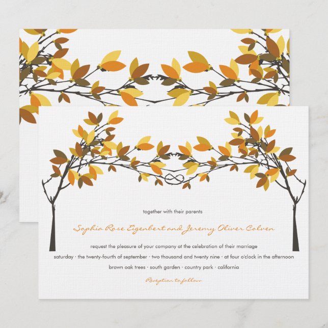 Brown Knotted Love Trees Fall Autumn Wedding Invitation (Front/Back)