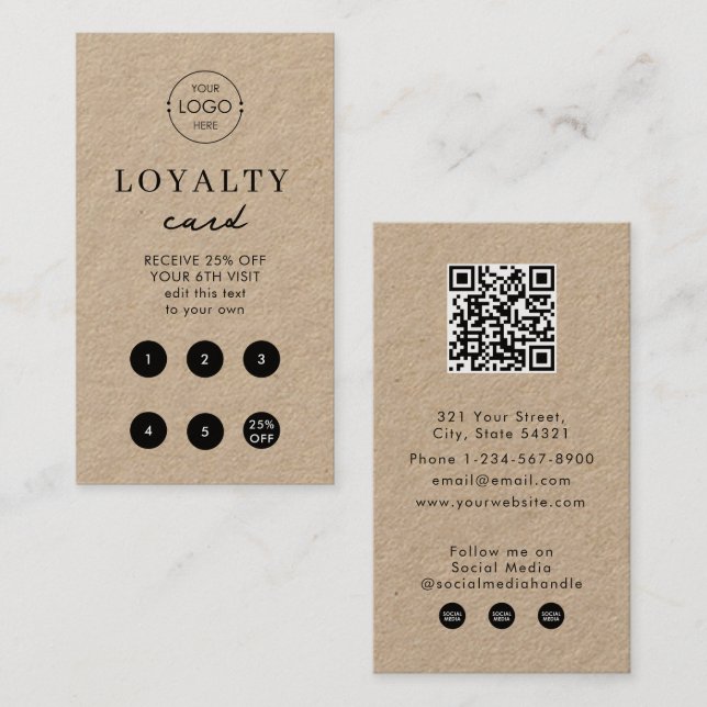 Brown Kraft Business Logo QR Code Loyalty  Business Card (Front/Back)