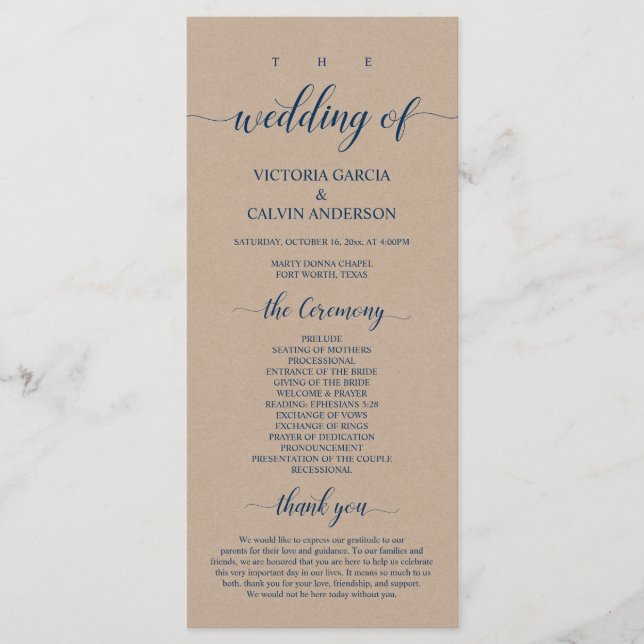 Brown Kraft,  Classy Navy Blue, Wedding Ceremony Programme (Front)
