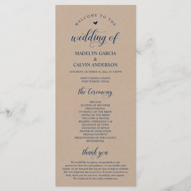 Brown Kraft,  Classy Navy Blue, Wedding Ceremony Programme (Front)