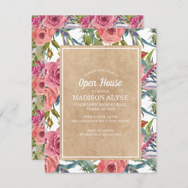 Brown Kraft Pink Boho Floral Graduation Open House Invitation (Front/Back)