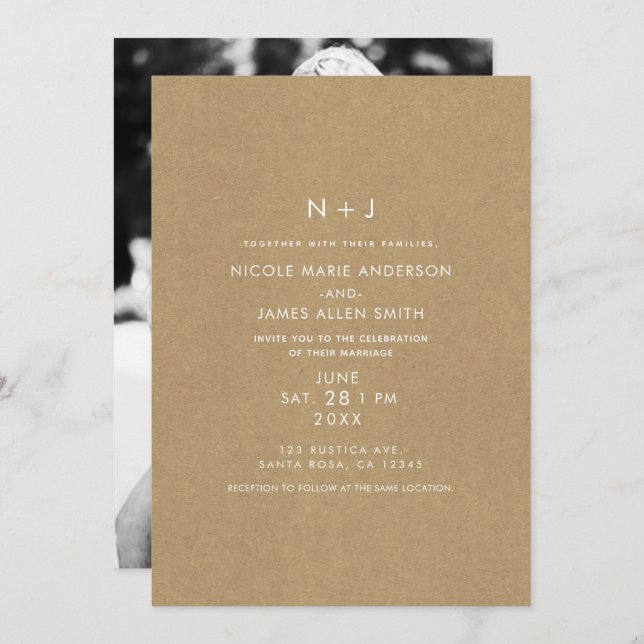 Brown Kraft Rustic Minimal Modern Photo Wedding Invitation (Front/Back)