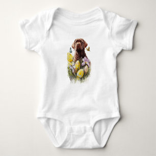 Brown Lab Puppy Dog with Flowers Baby Bodysuit