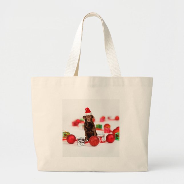 Brown Labrador Dog Christmas w Gifts Santa Hat Large Tote Bag (Front)