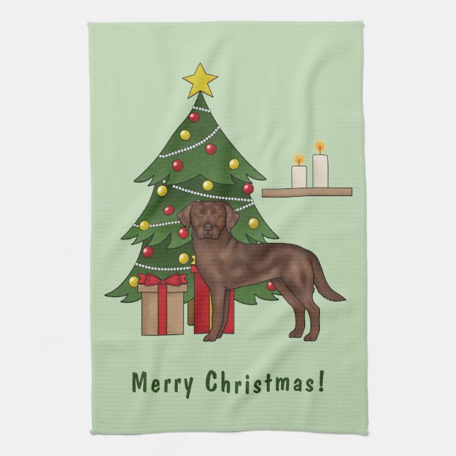 Brown Labrador Retriever Dog With Christmas Tree Tea Towel (Vertical)