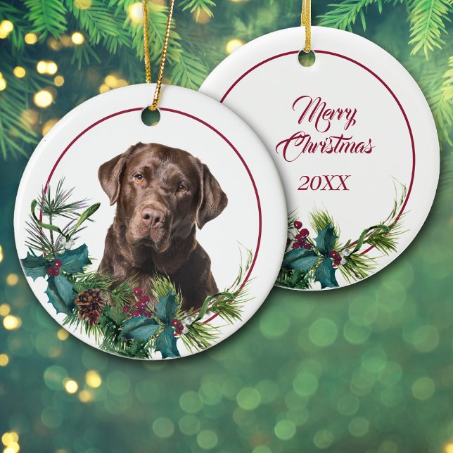 Brown Labrador Retriever Evergreen Berry Wreath Ceramic Tree Decoration (Creator Uploaded)