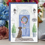 Brown Labrador Retriever Moving Announcement Postcard<br><div class="desc">Announce your new address with our stylish announcement featuring a Brown Labrador retriever,  blue front door,  welcome mat,  slate sign,  topiaries and a floral wreath set on a grey brick background.</div>