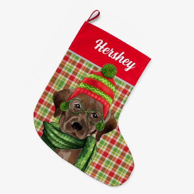 Brown Labrador Retriever Red Plaid with Dog's Name Large Christmas Stocking (Front (Hanging))